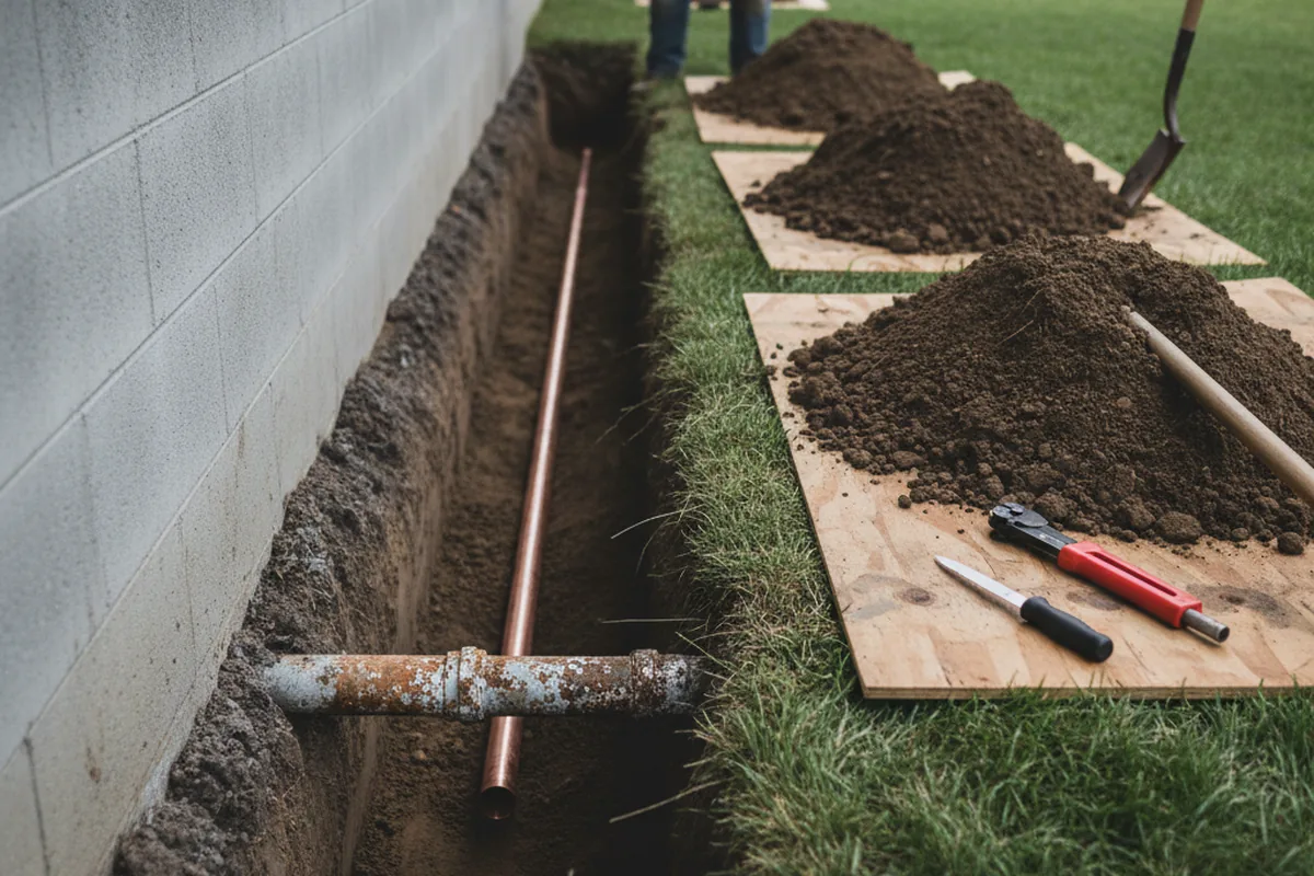 Excavated water line trench during Water Softener Installation in Navarre